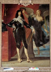 Ganzkörperporträt von Ludwig XIII. (1601-1643), gekrönt von Victory. Gemälde von Philippe de Champaigne (1602-1674)