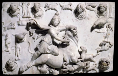 Orientalische Antiquitäten: Mithras tötet den Stier (aus dem Mithräum von Sidon). Flachrelief aus Marmor aus Sayda, 2.-3. Jahrhundert (griechisch-römische Periode, phönizisches Königreich). Paris, Louvre Museum