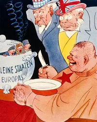 Ein riesiger russischer Soldat, der sich anschickt, aus einem Topf zu essen, der mit 