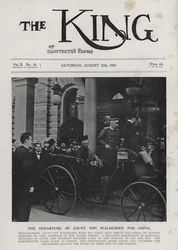 Deutscher Feldmarschall Alfred von Waldersee bricht von Berlin auf, um die internationale Expeditionsstreitmacht gegen die Boxer in China zu befehligen, August 1900