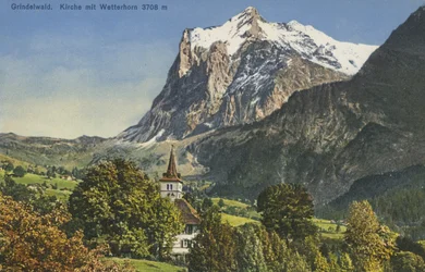 Grindelwald Kirche und Wetterhorn, Schweiz