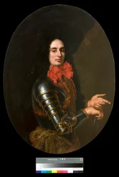 Porträt eines Gentlemans mit Rüstung und rotem Schal