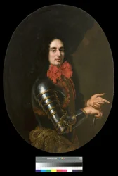 Porträt eines Gentlemans mit Rüstung und rotem Schal