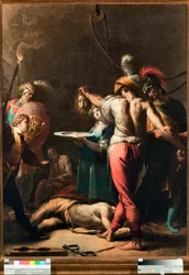 Die Enthauptung von Johannes dem Täufer. Der Kopf des Heiligen wird auf ein Tablett gelegt. Gemälde von Pier Francesco Mazzuchelli, genannt il Morazzone (1573-1626). Musei di Strada Nuova, Genua (Inv. Nr. PB 2813)