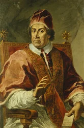 Porträt von Papst Clemens XI., Halbfigur, in päpstlichen Gewändern, einen Brief haltend