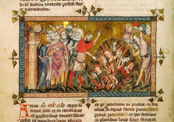 Verbrennung der Juden im Jahr 1349. Miniatur aus: Tractatus quartus von Gilles de Muisit, ca. 1353.