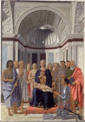 Madonna mit Kind und Heiligen, Engeln und Federico da Montefeltro