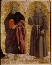 Polyptychon der Barmherzigkeit: Die Jungfrau der Barmherzigkeit, umgeben von Heiligen. Detail, der den Heiligen Andreas und den Heiligen Bernhardin von Siena darstellt