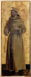 Polyptychon der Barmherzigkeit: die Jungfrau der Barmherzigkeit, umgeben von Heiligen. Detail, das den heiligen Franziskus von Assisi darstellt. Gemälde auf Holz von Piero della Francesca (1415/20-1492) 1445-1460 Sansepolcro, Pinacoteca Comunale