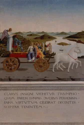 Triumph von Federigo da Montefeltro, Herzog von Urbino; Federigo und die vier Kardinaltugenden in einem Triumphwagen, gezogen von weißen Einhörnern, geflügelter Sieg hält die Herzogskrone, gemalt nach 1474 (Tafel)