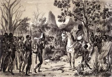 Zeremonie zur Vorstellung eines Schwarzen Häuptlings bei einem König von Sennar, aus „Voyages au Soudan Oriental et dans l