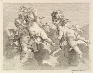 Drei Lieben, eine hält einen Köcher, die andere Trauben (1727-60)