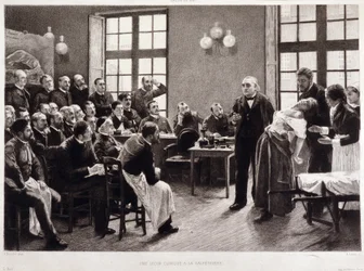 Eine klinische Vorlesung von Dr. Charcot in der Salpêtrière im Jahr 1887. Studenten aus der Abteilung von Professor Jean-Martin Charcot, der den Fall von Blanche Wittman erklärt, seiner Patientin und seinem bevorzugten Versuchskaninchen für seine