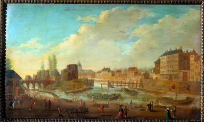 Blick auf die Insel Louviers und die Spitze der Insel Saint-Louis. Ansichten des Hafens Saint-Paul. Gemälde von Pierre Demachy (1723-1807) 1780 Paris, Musée Carnavalet