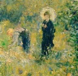 Frau mit Sonnenschirm in einem Garten