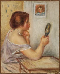Gabrielle hält einen Spiegel oder Marie Dupuis hält einen Spiegel mit einem Porträt von Coco, frühe 1900er Jahre