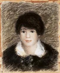 Junge Frau, Ansicht des Gesichts, mit schwarzem Kleid und weißem Kragen. Zeichnung von Pierre-Auguste Renoir (1841-1919)