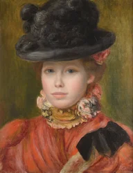 Junges Mädchen mit schwarzem Hut und roten Blumen, von Pierre-Auguste Renoir (1841-1919), ca. 1890 - Privatsammlung