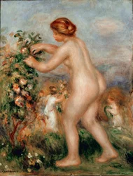 Ode an die Blumen. Nackte Frau pflückt Rosen an einem Rosenbaum