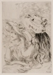 Zwei junge Mädchen, die Blumen auf ihre Hüte stecken, um 1894