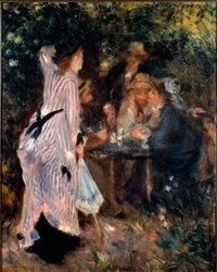 Unter der Laube. Porträts der Maler Claude Monet, Alfred Sisley und Norbert Goeneutte. Gemälde von Pierre Auguste Renoir