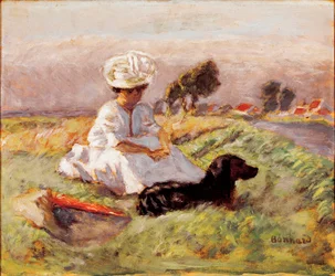 Madame Bonnard. Die Frau des Malers sitzt mit ihrem Hund auf einem Stuhl