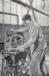 Schneiden von Gewehrkolben in einer Waffenfabrik, Gravur von Pierre Calmette, Privatsammlung