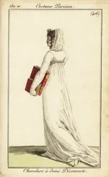 Frau in weißem Kleid mit Schleier über halbem Haar, Paris
