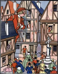 Der Riese Gargantua in den Straßen von Chinon, Illustration von Pierre Couselles aus 