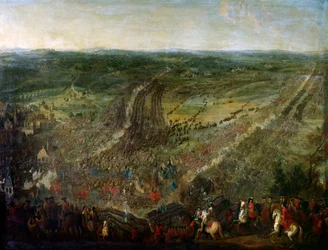 Krieg der Augsburger Liga: „Schlacht von Fleurus, gewonnen vom Marschall von Luxemburg gegen die Waffen einer Koalition der Vereinigten Provinzen, der Kaiserlichen, Spaniens und Großbritanniens, am 1.07.1690“