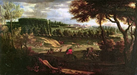 Ludwig XIV. (1638-1715) bei der Jagd in Marly mit Blick auf das Château Vieux de Saint Germain