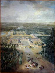 Perspektivische Ansicht des Schlosses und der Gärten von Trianon: Spaziergang von König Ludwig XV. zu Pferd. (Detail)
