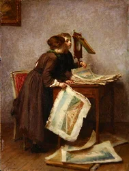 Kinder betrachten Drucke, ca. 1870