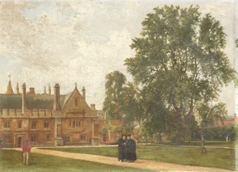 Im Gelände des Magdalen College, mit Porträts der Magdalen Fellows: Reverend T. H. T. Hopkins, Reverend H. R. Bramley, Reverend J. Rigaud und Reverend H. F. Garnsey, 1882