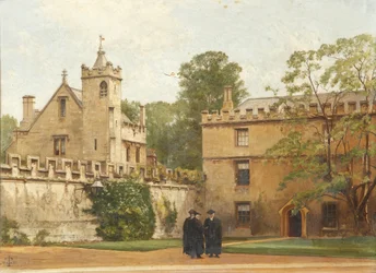Die Grammatikhalle vom St. Johns Quadrangle im Jahr 1881: Präsident Bulley in der Lodgings Drive und zwei andere, 1881
