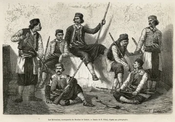 Die Krivoscianer, Bergbewohner der Bucht von Kotor (oder Kotor, Bucht an der westlichen Küste Montenegros), bewaffnet, um der Macht der österreichischen Truppen zu widerstehen. Gravur nach der Zeichnung von P. Fritel, zur Illustration der Reise nach Dalmat