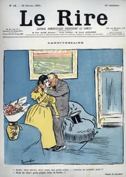 Geburtstag - Anais, meine Liebe, mein Engel, meine kleine Königin, wie am ersten Tag!!! - Jesus Christus! Du stichst mit deinem Bart! - Zeichnung von Pierre Georges Jeanniot (1848-1934) für „Le Rire“ vom 23. Februar
