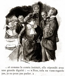 "Boule de Suif": Elisabeth Rousset weigert sich, dem Grafen zu antworten, Anfang 20. Jahrhundert (Illustration)