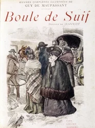 Die Reisenden der Diligence wurden von deutschen Offizieren während der Besetzung Frankreichs durch Preußen verhaftet. Im Vordergrund: die Prostituierte Boule de Suif. In „Boule de Suif“ von Guy de Maupassant (1850-1893). Illustration von P. G. Jeanniot (1