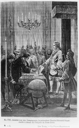 Wie den Gefährten berichtet wird, gründete der Prätendent Charles Edward Stuart (1720-1788) 1747 in Arras ein Kapitel des Rosenkreuzes, Illustration aus „The Free-Masonry“ von Leo Taxil
