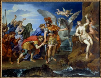 Perseus befreit Andromeda. Die an einen Felsen gekettete Andromeda wird von Perseus befreit, der sie vor dem Seeungeheuer rettet. 17. Jahrhundert