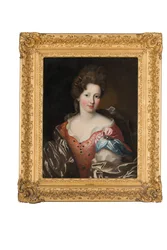 Porträt von Madame Valentinous, Halbfigur, in einem rot bestickten Kleid mit blau-grauem Umhang