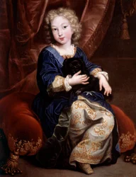 Porträt Philipps von Frankreich, Herzog von Anjou (1683-1746), des zukünftigen Philipp V. von Spanien, als Kind mit seinem schwarzen Hund