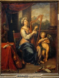 Die heilige Cäcilia singt das Lob des Herrn. Die Heilige spielt Harfe und ist von Instrumenten umgeben. 1691. 0,74 x 0,56 m. Paris, Musée du Louvre