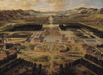 Perspektivische Ansicht des Schlosses, der Gärten und des Parks von Versailles, gesehen von der Avenue de Paris