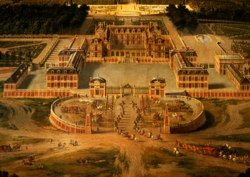Ansicht des Schlosses, der Gärten und des Parks von Versailles von der Avenue de Paris aus, Detail des Schlosses, 1668, Detail von 81242