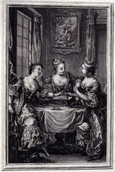 La Gageure des trois commeres - in „Tales et nouvelles en vers“ von Jean La Fontaine. 1776. Illustration von P.P. Choffard
