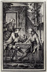 Der Uhrmacher oder der Muschelreparierer. In „Tales et nouvelles en vers“ von Jean de La Fontaine, Amsterdam 1776. illustriert von P.P. Choffard