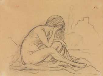 Studie eines weiblichen Aktes (recto), Studien von Draperien und Landschaft (verso), 1800er