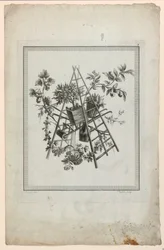 Trophäe mit Gartenwerkzeugen, Platte 2 aus "Suite de différentes Attributs, Trophées, et Groupes de fleurs," Suite II